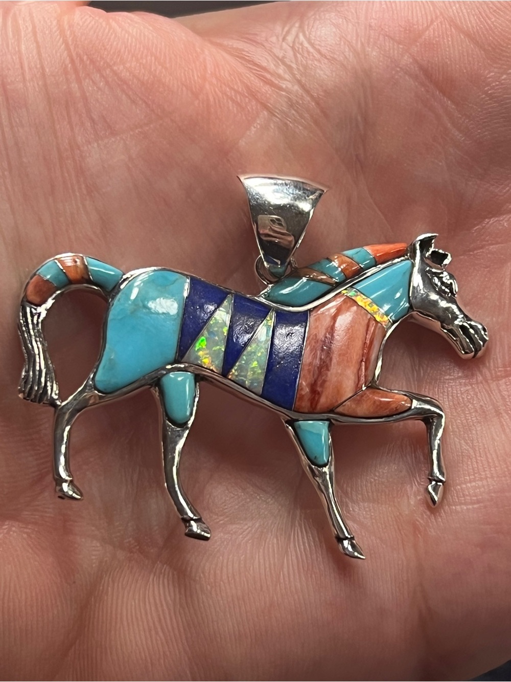 Sterling Silver Multi-Stone Horse Pendant - Turquoise,Coral,Lapis,Opal Inlay